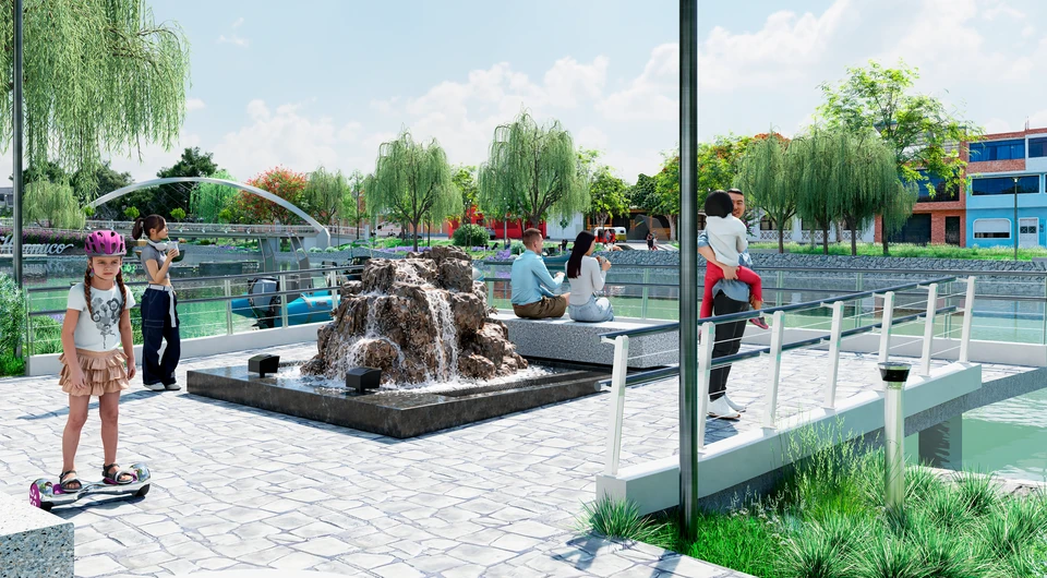 Plaza de piedra a orillas de la laguna con una fuente de rocas, bancas y personas; al fondo, sauces y un puente de arco.
