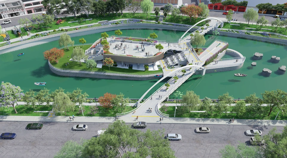 Vista aérea del proyecto: un islote con plaza y jardines en medio de la laguna, unido a las dos orillas por puentes peatonales de arco blanco.