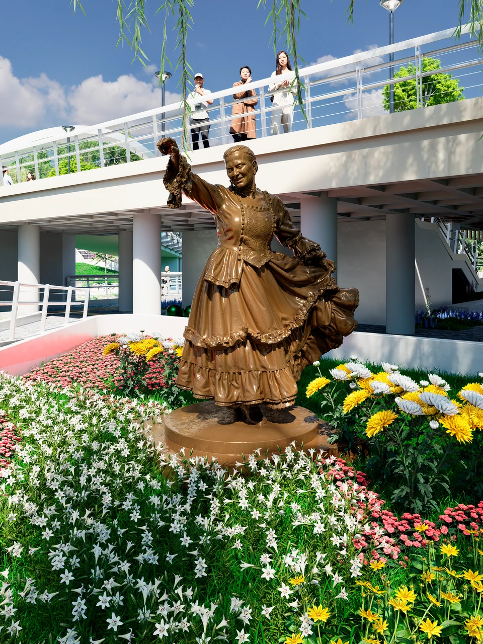 Escultura de una mujer con vestido amplio en actitud de baile, entre flores blancas y amarillas; detrás, un puente peatonal con personas.