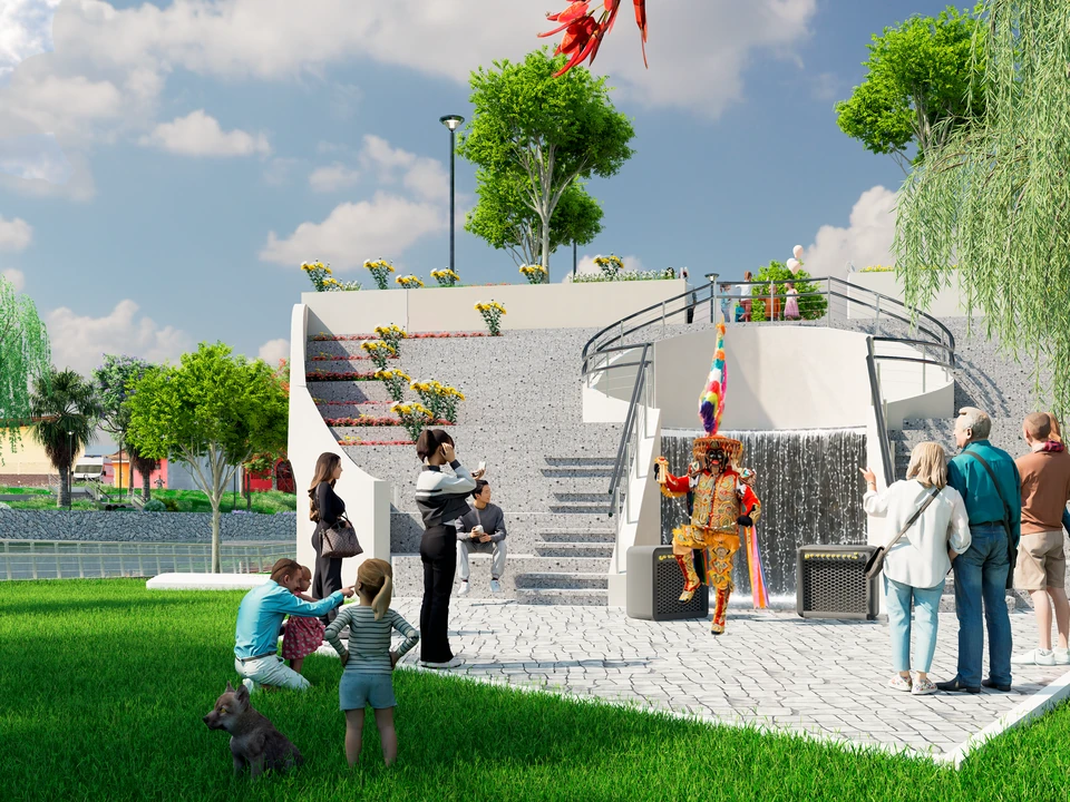 Escalinata con jardineras y una cortina de agua al centro; delante, un personaje con traje folclórico y público mirando.