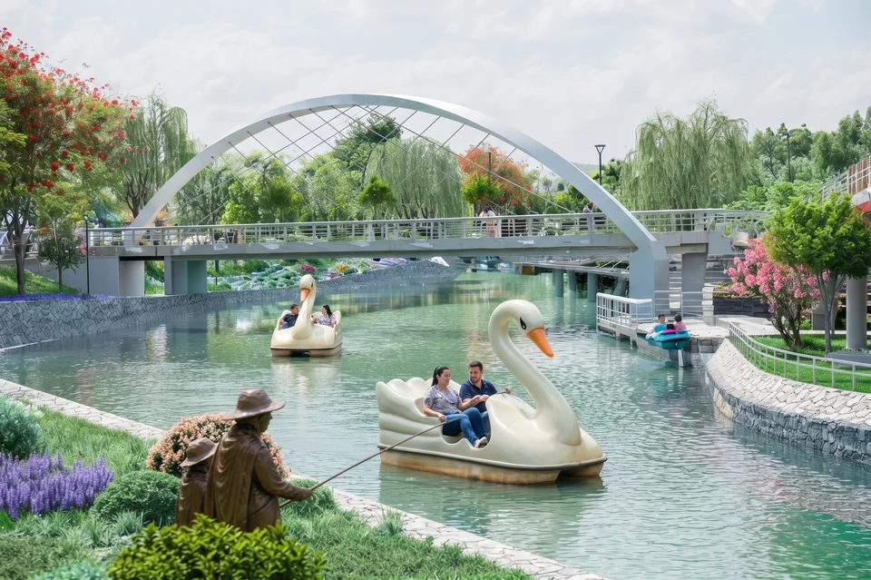Botes a pedal con forma de cisne en un canal de muros de piedra, bajo un puente peatonal de arco blanco; en primer plano, la escultura de los pescadores entre plantas.