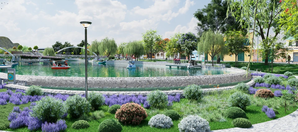 Estanque redondo de borde de piedra escalonado con botes a pedal en forma de cisne y de flamenco; al fondo, puentes peatonales de arco blanco y sauces; en primer plano, jardines de lavanda.