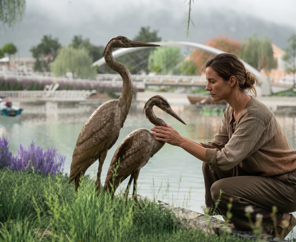 Una mujer en cuclillas toca una de las dos esculturas de garzas a orillas de la laguna; al fondo, un puente de arco blanco.