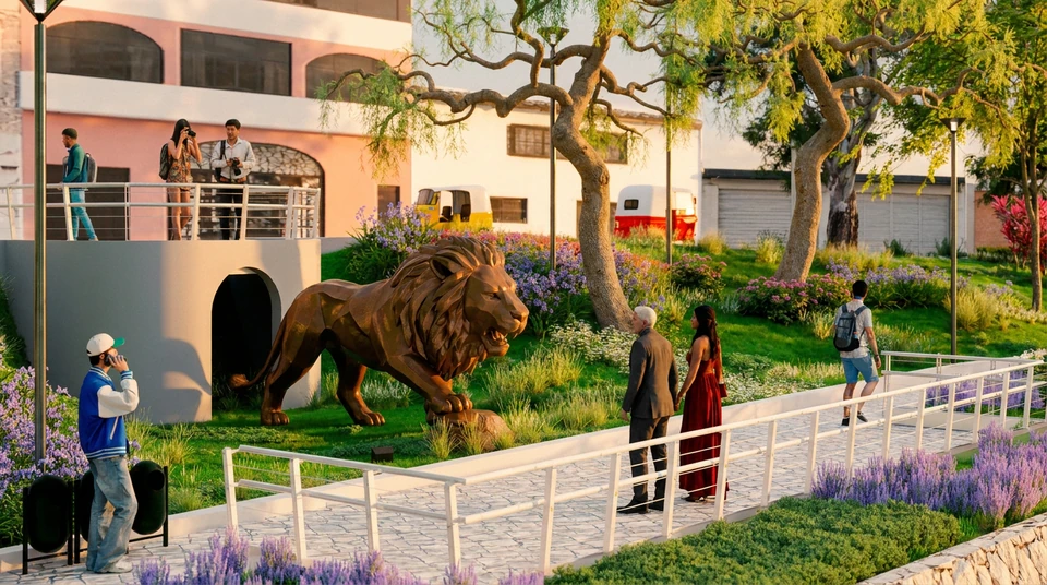 Escultura de un león sobre el césped, entre flores, junto a una vereda con barandas blancas; varias personas pasean y otras toman fotos desde una terraza.