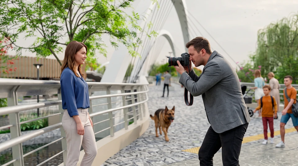 Una mujer posa y un hombre la fotografía sobre el puente peatonal de arco blanco; detrás caminan un perro, niños y otras personas.