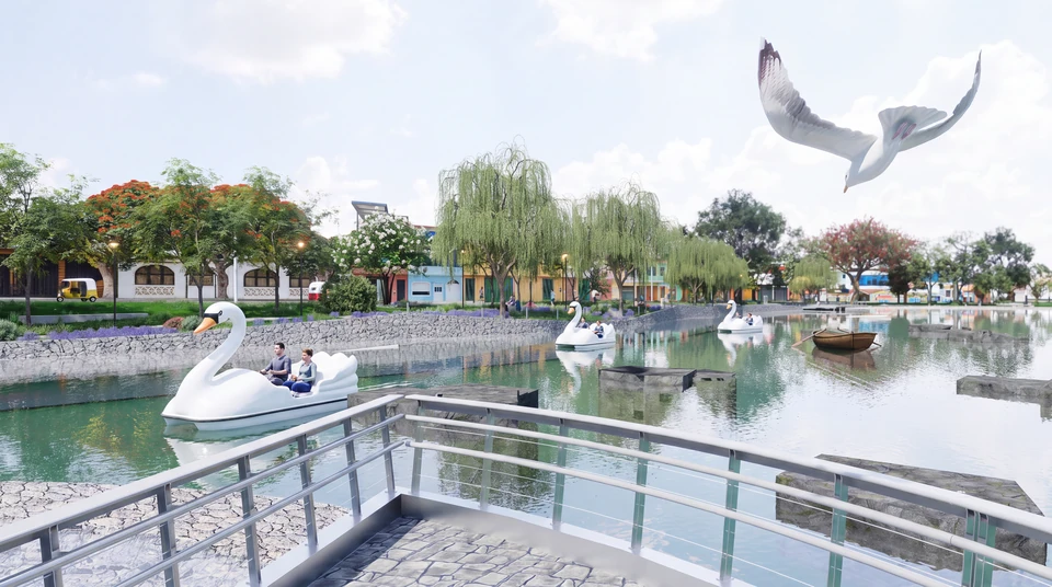 Plataforma con baranda metálica sobre la laguna; en el agua, botes a pedal con forma de cisne, un bote de madera y bloques de piedra; al fondo, sauces, casas de colores y una gaviota en vuelo.