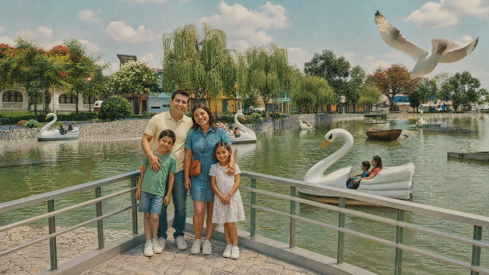 Una familia posa junto a una baranda metálica a orillas de la laguna; detrás, botes con forma de cisne, sauces y una gaviota en vuelo.