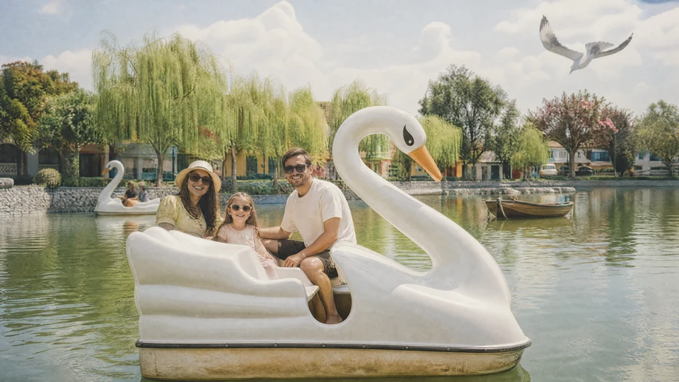 Una familia pasea por la laguna en un bote a pedal con forma de cisne; al fondo, sauces, otro bote y casas.